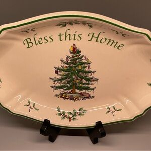 Spode Christmas Dish “BLESS THIS HOME” White Green Tree W/ Santa Top  NWT